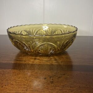 Depression Glass Amber Gold Serving Bowl Sunburst Scalloped Vintage Top 8"